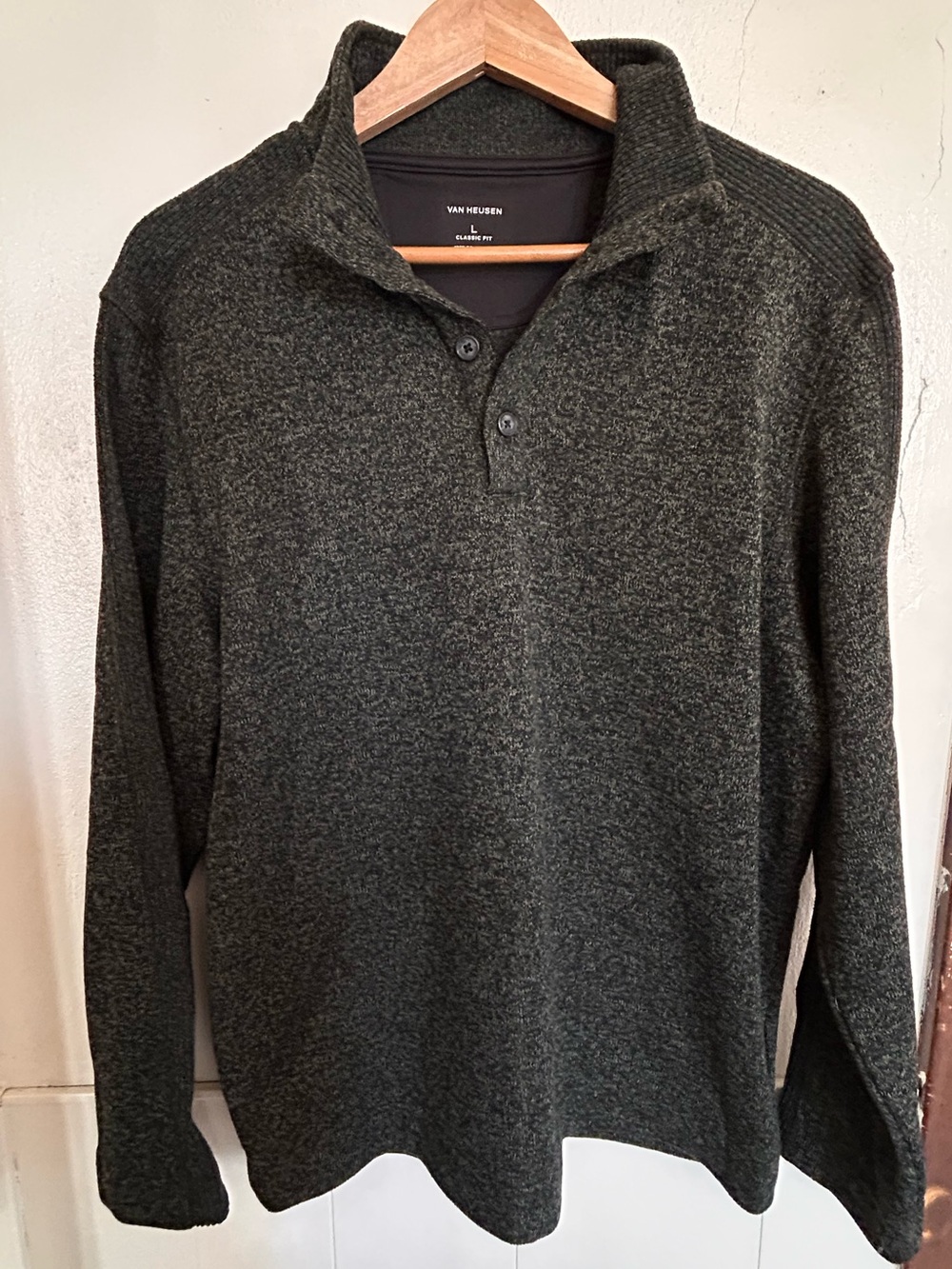 Van Heusen Men's Dark Green Button up Knit Polo Sweater Size Large
